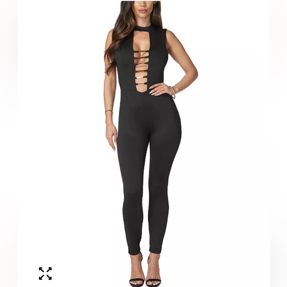 bebe Pants - Bebe Sleeveless Gold Bar Black Jumpsuit Size XS